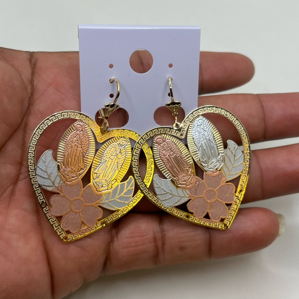 Gold filled 3 tones color Virgin Mary Heart Earrings
